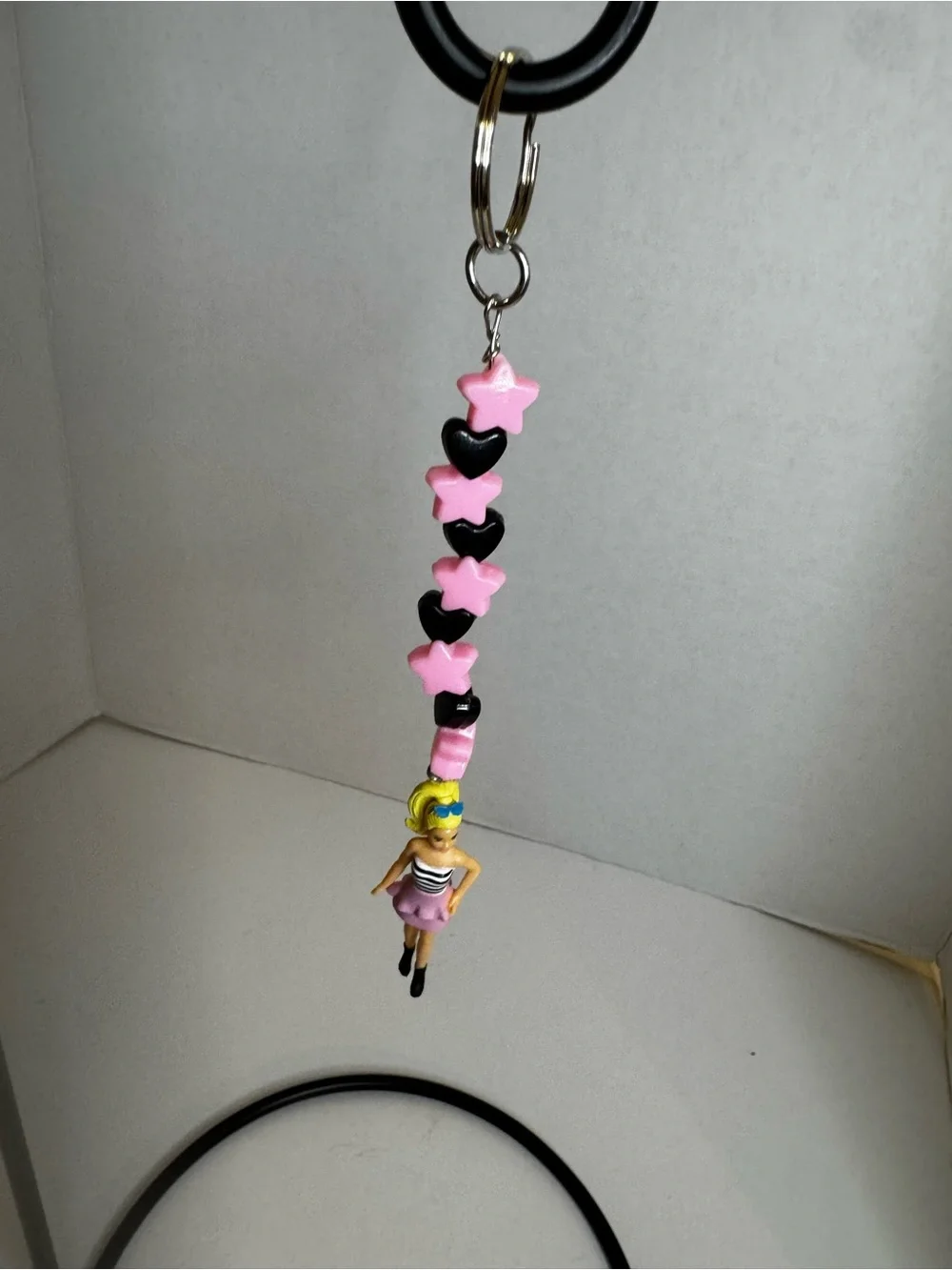 Barbie Pink & Black Star Bead Keychain with Doll Charm